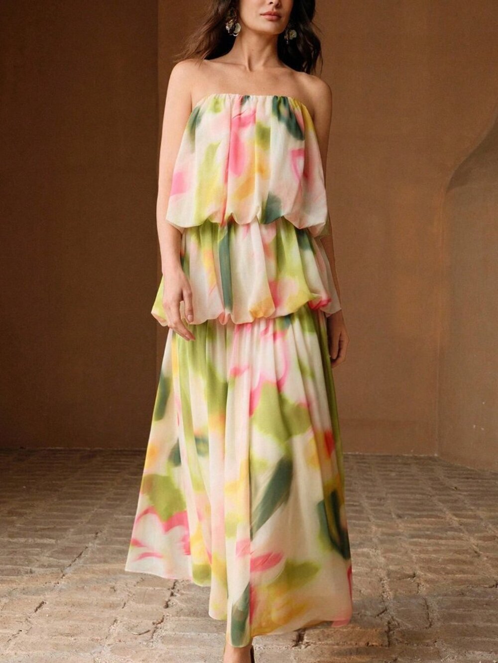 Multicolor Preppy Women's Floral Print Chiffon Sleeveless Tiered Maxi Dress - Picture 6 of 8